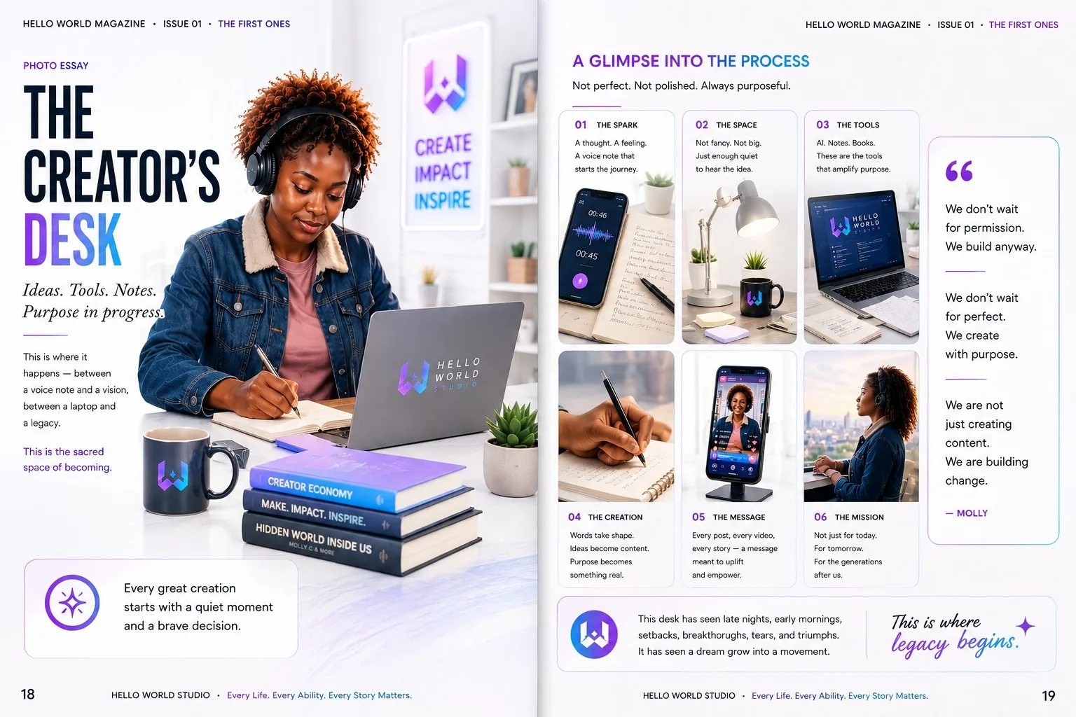 Creator working at a desk with Hello World Studio tools