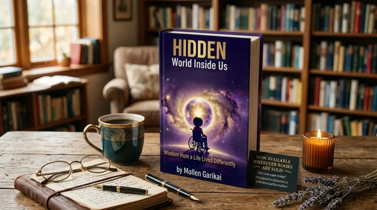 Published book displayed in a warm library setting